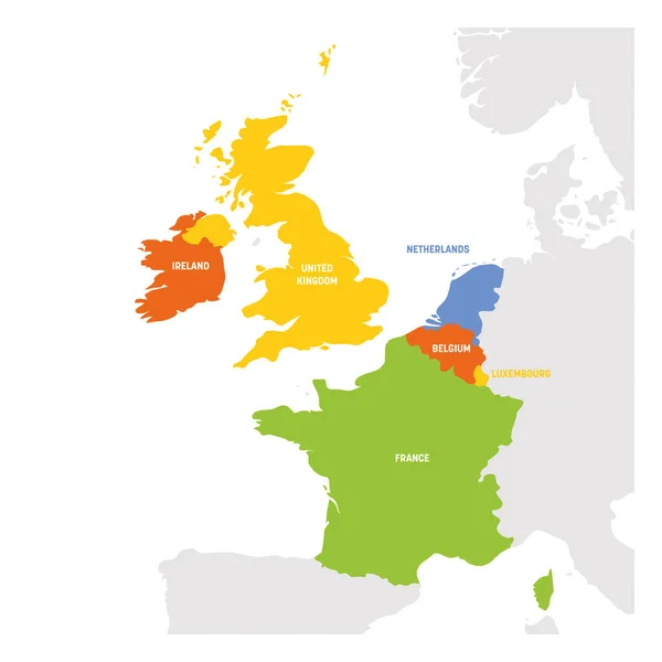 Região da Europa Ocidental. Mapa dos países da Europa Ocidental. Ilustração vetorial — Vetor de Stock