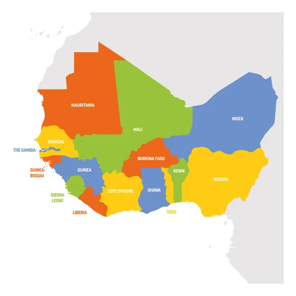 ΠΕΡΙΦΕΡΕΙΑ ΔΥΤΙΚΗΣ ΑΦΡΙΚΗΣ. Χάρτης των χωρών της Δυτικής Αφρικής. Εικονογράφηση διάνυσμα — Διανυσματικό Αρχείο