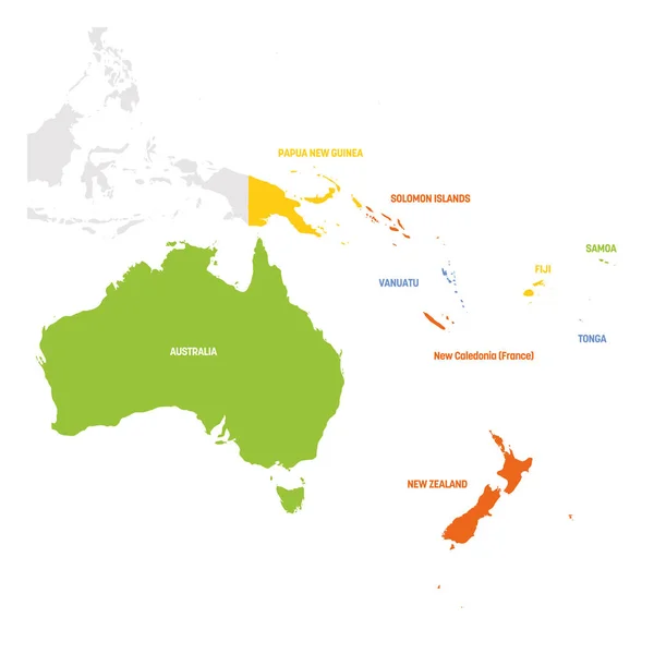 Australia e Oceania Regione. Mappa dei paesi nell'Oceano Pacifico meridionale. Illustrazione vettoriale — Vettoriale Stock