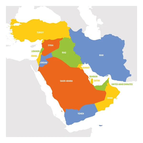 Región de Asia Occidental. Mapa de países en Asia occidental o Medio Oriente. Ilustración vectorial — Vector de stock