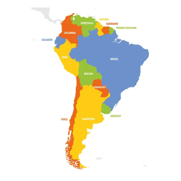 Region Ameryki Południowej. Mapa krajów w Ameryce Południowej. Ilustracja wektorowa — Wektor stockowy