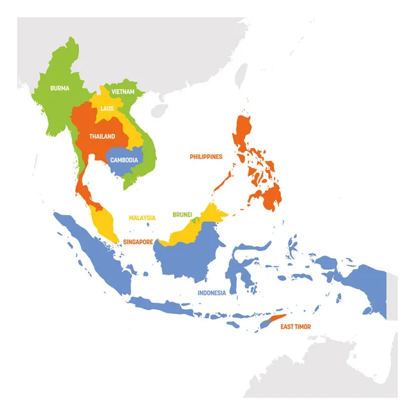 Región del Sudeste Asiático. Mapa de países en el sudeste asiático. Ilustración vectorial — Vector de stock