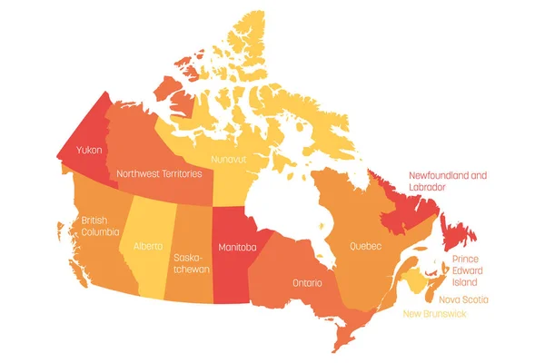 Mapa de Canadá dividido en 10 provincias y 3 territorios. Regiones administrativas de Canadá. Mapa naranja con etiquetas. Ilustración vectorial — Archivo Imágenes Vectoriales