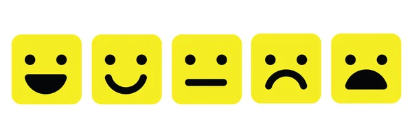 Emoticones básicos engastados en cuadrados con esquinas redondeadas. Cinco expresiones faciales de la escala de retroalimentación - de positivo a negativo. Iconos vectoriales de colores simples — Archivo Imágenes Vectoriales