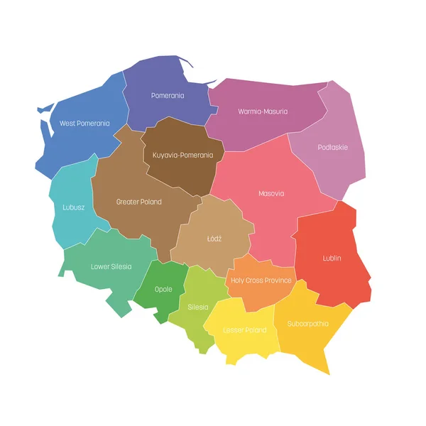 Voivodeships of Poland. Map of regional country administrative divisions. Colorful vector illustration — Stock Vector