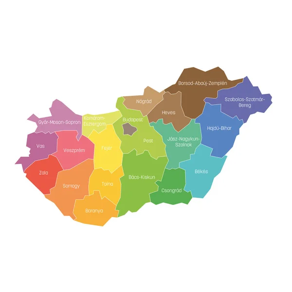 Condados da Hungria. Mapa das divisões administrativas regionais do país. Ilustração vetorial colorida —  Vetores de Stock