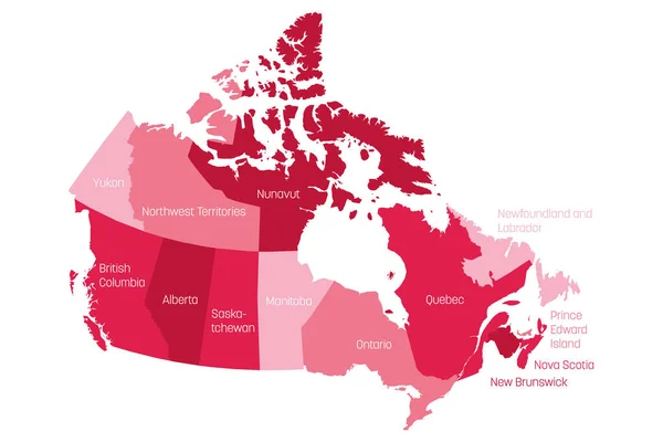 Mapa de Canadá dividido en 10 provincias y 3 territorios. Regiones administrativas de Canadá. Mapa rosa con etiquetas. Ilustración vectorial — Archivo Imágenes Vectoriales