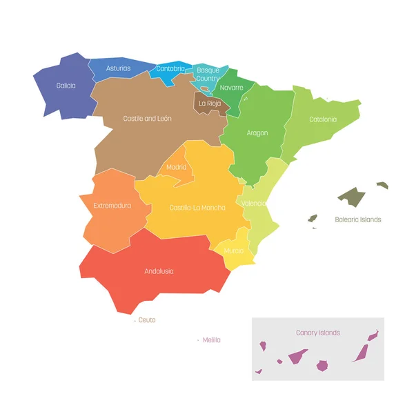 스페인의 정치적 분열. 광역자치단체지도 다채로운 벡터 일러스트레이션 — 스톡 벡터