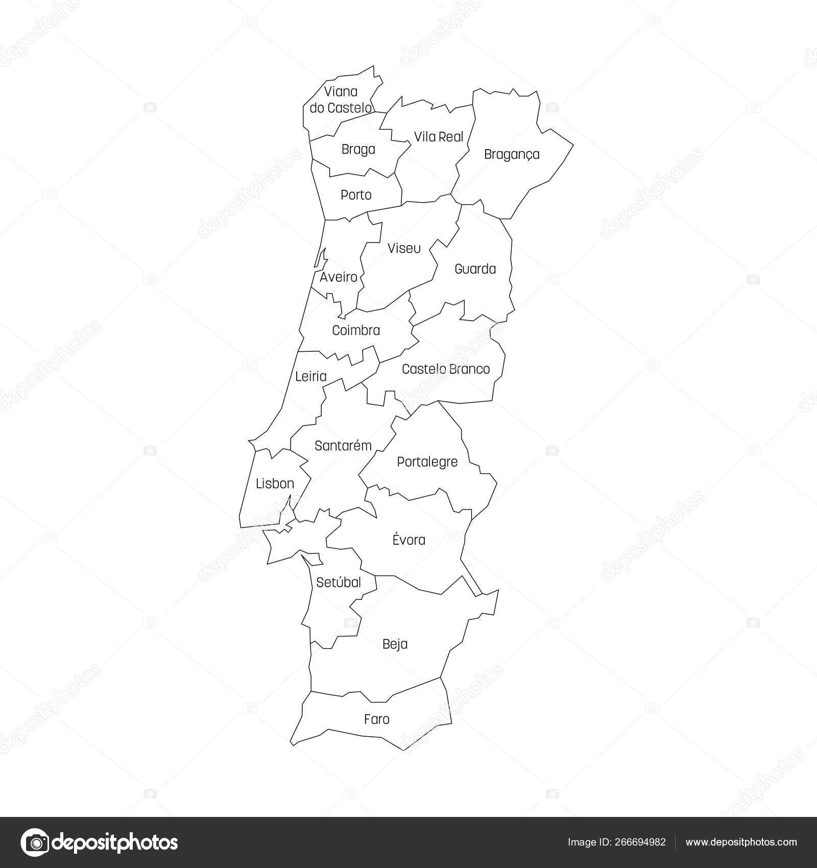 Distritos de Portugal. Mapa das divisões administrativas regionais