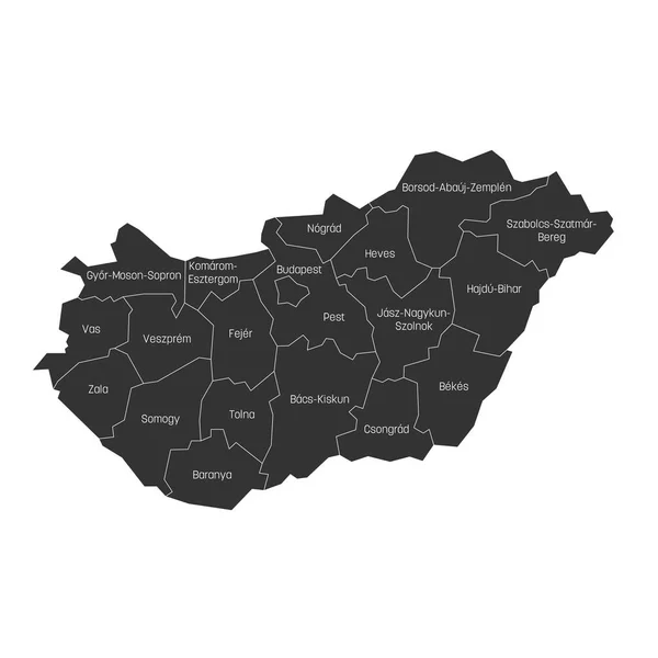 Condados de Hungría. Mapa de las divisiones administrativas de los países regionales. Ilustración vectorial colorida — Vector de stock