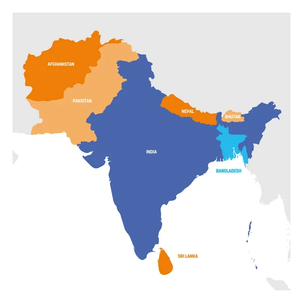 Región del sur de Asia. Mapa de países en el sur de Asia. Ilustración vectorial — Vector de stock