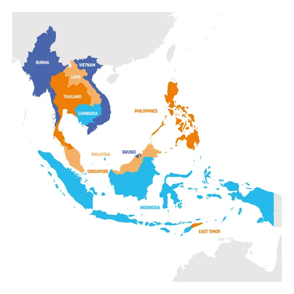 Southeast Asien. Karta över länder i sydöstra Asien. Vektorillustration — Stock vektor