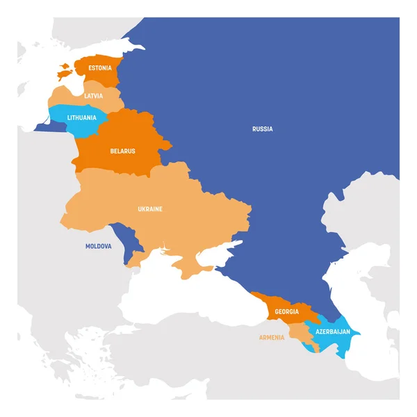 Region východní Evropa. Mapa zemí ve východní Evropě. Zaúčtovat sovětské a kavkazské země. Vektorové ilustrace — Stockový vektor