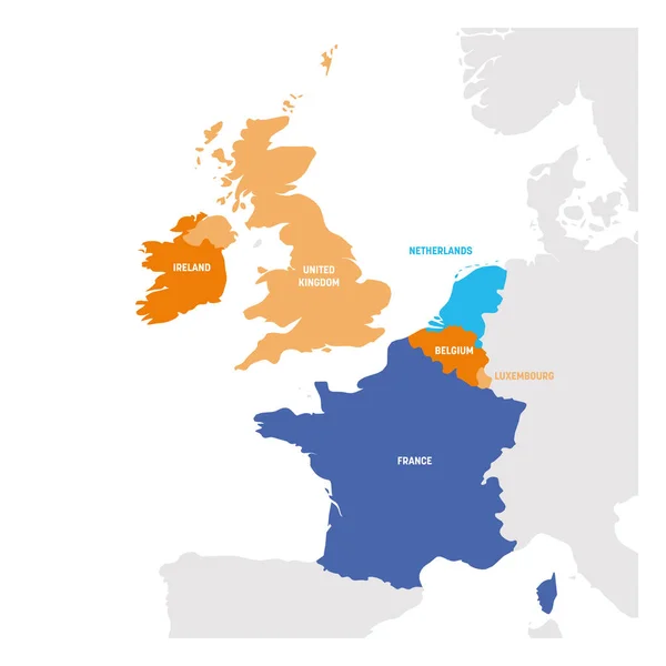 Region západní Evropy. Mapa zemí v západní Evropě. Vektorové ilustrace — Stockový vektor