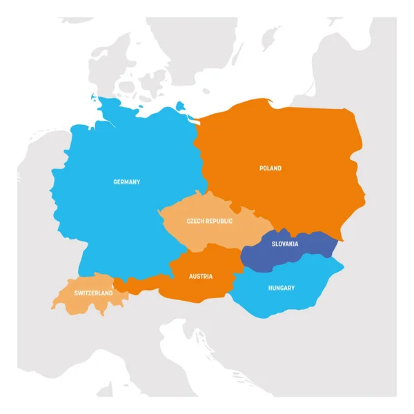 Região da Europa Central. Mapa dos países da parte central da Europa. Ilustração vetorial — Vetor de Stock