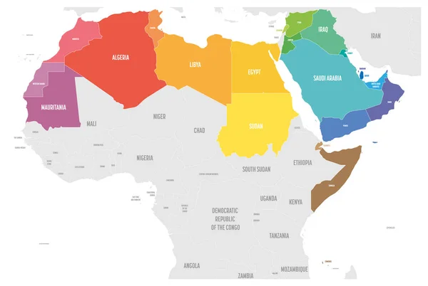 Arabische wereld Staten politieke kaart met kleurrijk higverlichte 22 Arabisch-sprekende landen van de Arabische Liga. Regio Noord-Afrika en het Midden-Oosten. Vector illustratie — Stockvector