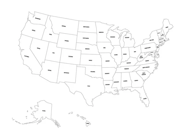 Mapa polityczna od Stanów Zjednoczonych Ameryki, Usa. Proste płaski czarny kontur Mapa wektor z etykiety Nazwa Państwa czarny na białym tle — Wektor stockowy