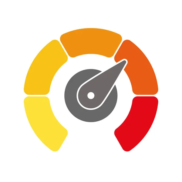 Escala de medidor radial de amarillo a rojo con puntero de flecha. Satisfacción, temperatura, riesgo, calificación, indicador de rendimiento y retroalimentación o tacómetro de velocidad. Ilustración vectorial — Archivo Imágenes Vectoriales