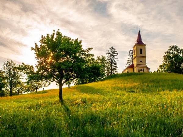 Pequena igreja no meio da exuberante paisagem de primavera verde no dia ensolarado. Igreja de São Pedro e Pauls em Bysicky perto de Lazne Belohrad, República Checa — Fotografia de Stock