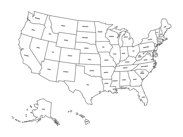 Politieke kaart van Verenigde Staten od America, Usa. Eenvoudige platte zwarte omtrek vector kaart met zwarte staat naamlabels op witte achtergrond — Stockvector