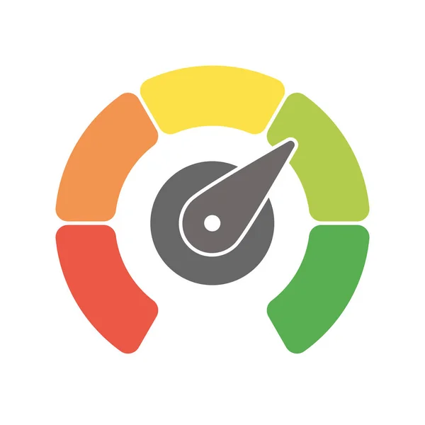 Escala de medidor radial de rojo a verde con puntero de flecha. Satisfacción, temperatura, riesgo, calificación, indicador de rendimiento y retroalimentación o tacómetro de velocidad. Ilustración vectorial — Archivo Imágenes Vectoriales