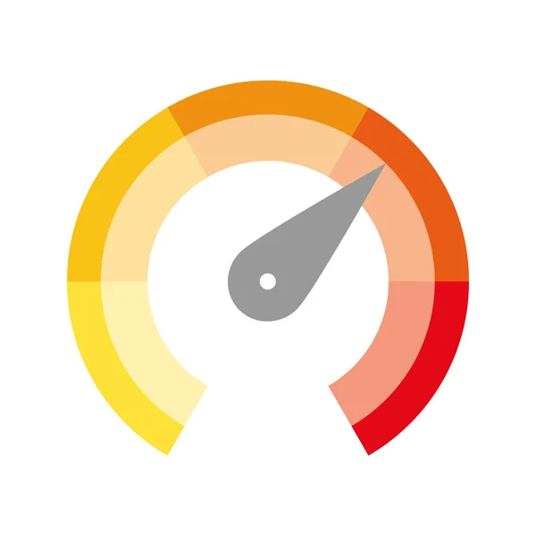 Escala de medidor radial de amarillo a rojo con puntero de flecha. Satisfacción, temperatura, riesgo, calificación, indicador de rendimiento y retroalimentación o tacómetro de velocidad. Ilustración vectorial — Archivo Imágenes Vectoriales