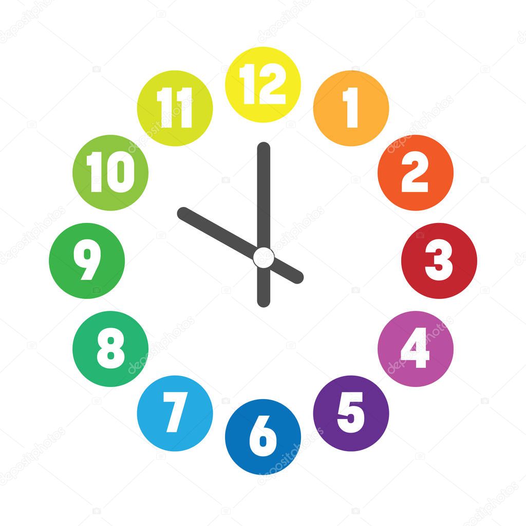 Cara colorida del reloj. Dial de hora con numeros en circulos de colores. Ilustracion simple vector plano Vector de stock por pyty 292345650