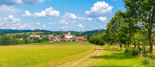 Landelijk zomer landschap met groene weide, blauwe lucht en witte wolken. Jistebnice, Zuid-Bohemen, Tsjechië — Stockfoto