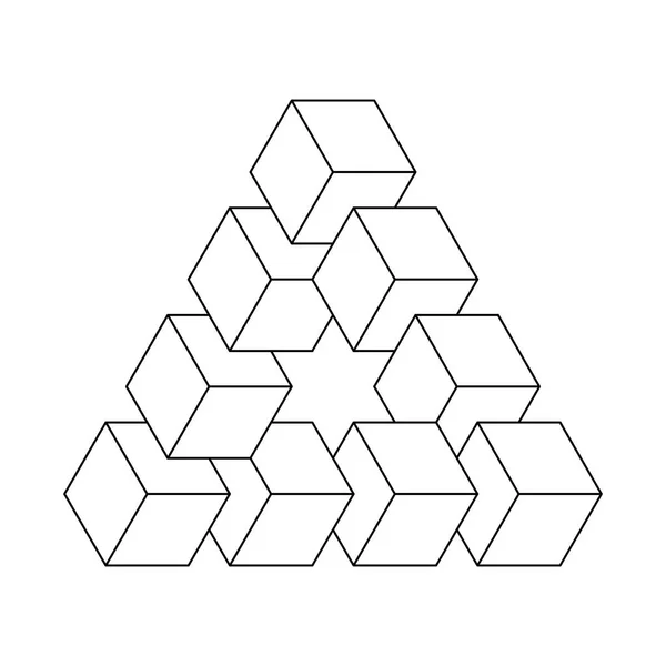 Triangolo impossibile. Cubi 3D disposti come illusione ottica geometrica. Traingle Reutersvard. Illustrazione vettoriale bianca con sottile contorno nero — Vettoriale Stock