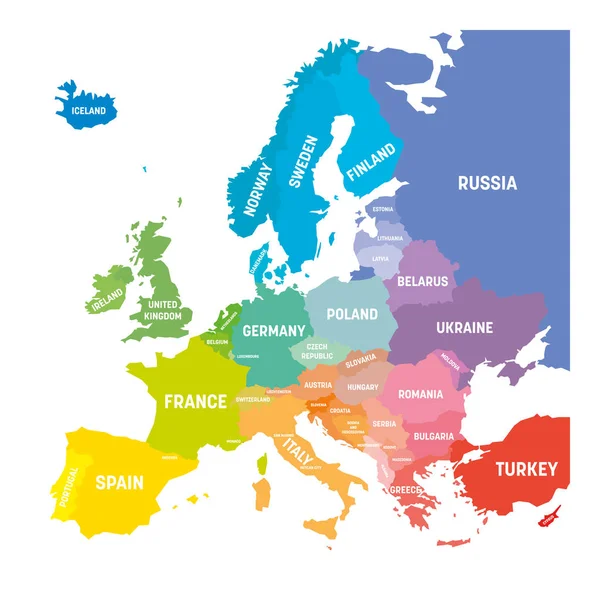 Karta över Europa i färgerna Rainbow Spectrum. Med européländer namnger — Stock vektor