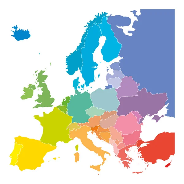 Mapa de Europa en colores del espectro del arco iris. Con nombres de países europeos — Vector de stock