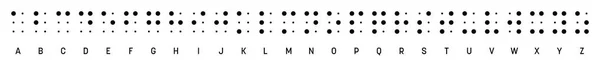 点字のアルファベットの文字が一列に並びます。点字は、視覚障害者が使用する触覚書記体系です。ベクトルイラスト(白黒) — ストックベクタ