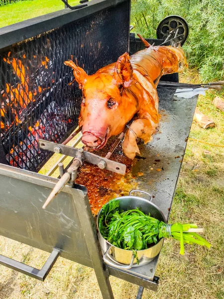 Grelhar leitão ao ar livre. Churrasco no jardim de carne de porco — Fotografia de Stock