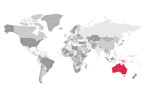 Mapa del mundo en colores grises con los países de Australia rojo resaltado. Ilustración vectorial — Vector de stock