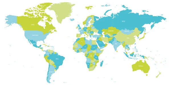 Mapa do Mundo em tons de verde e azul. Mapa político de alto detalhe com nomes de países. Ilustração vetorial —  Vetores de Stock