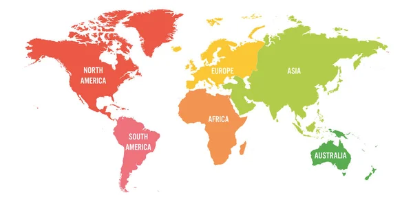 Mapa do mundo dividido em seis continentes. Cada continente em cores diferentes. Ilustração simples do vetor plano — Vetor de Stock