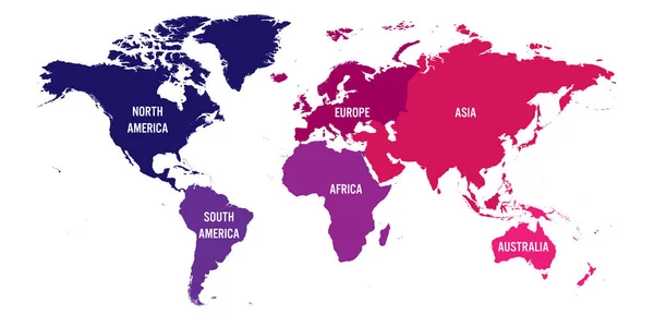 Weltkarte aufgeteilt in sechs Kontinente. Jeder Kontinent in einer anderen Farbe. Einfache flache Vektorabbildung — Stockvektor