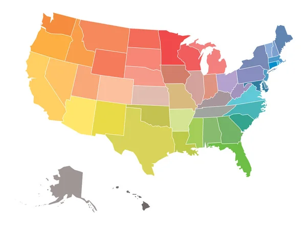 Mapa em branco dos EUA, Estados Unidos da América, em cores do espectro do arco-íris —  Vetores de Stock