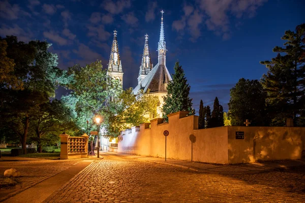 ヴィセフラドの聖ペテロとポール教会。夜の石畳の通り。プラハ, チェコ — ストック写真