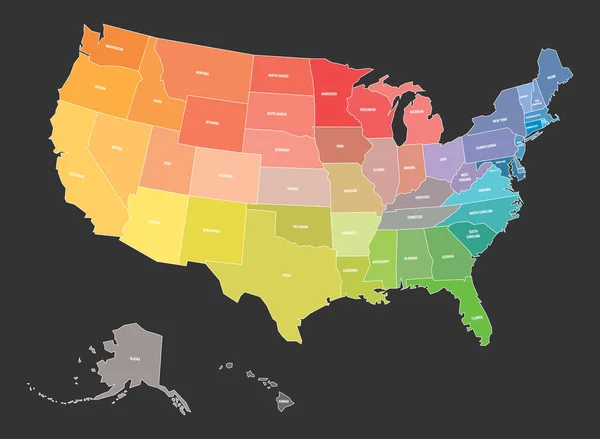 Карта США, Сполучені Штати Америки, в кольорах Райдужного спектру. З іменами станів — стоковий вектор