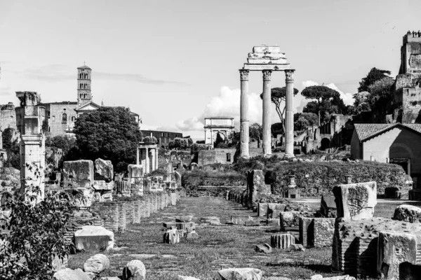Antichi ruderi della Basilica Giulia e Tempio di Castore e Polluce in Foro Romano, Roma, Italia — Foto Stock