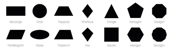 Formas geométricas com etiquetas. Conjunto de 14 formas básicas. Ilustração simples do vetor plano — Vetor de Stock