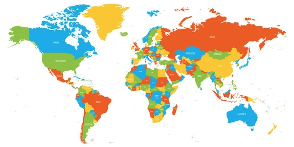 Mapa colorido del mundo. Mapa político de alto detalle con nombres de países. Ilustración vectorial — Archivo Imágenes Vectoriales