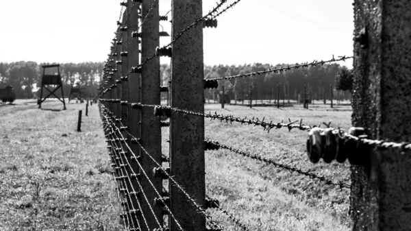 Barb wire fence and barracks in Oswiecim - Brzezinka concentration camp, German: Auschwitz - Birkenau, Poland — Stock Photo, Image
