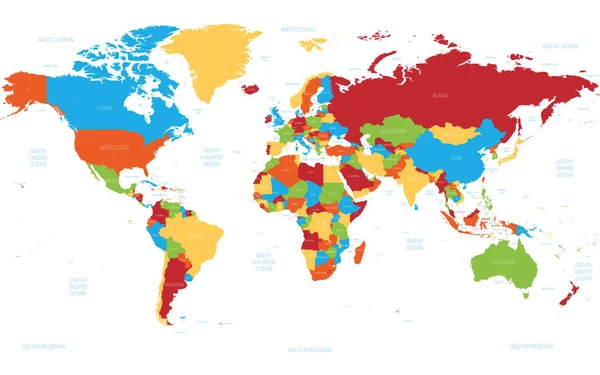 Mapa do mundo. Mapa político detalhado alto do mundo com etiquetagem dos nomes do país, do oceano e do mar. 5 cores esquema vetorial mapa no fundo branco —  Vetores de Stock