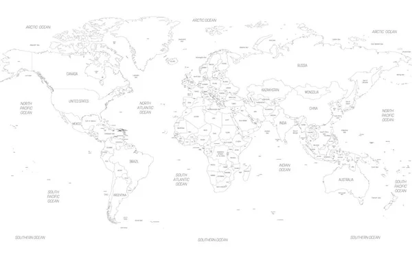 Mappa del mondo. Dettagliata mappa politica sottile contorno nero con nomi di paese, mare e oceano. Mappa vettoriale — Vettoriale Stock