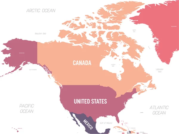 Mapa da América do Norte. Mapa político detalhado do continente norte-americano com nomes de países, oceanos e mares rotulados —  Vetores de Stock