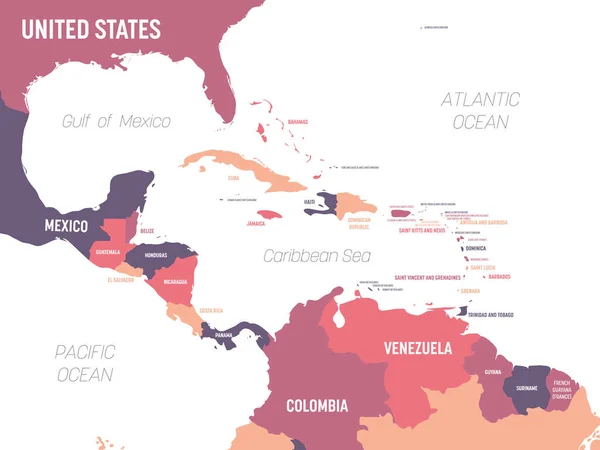 Centraal-Amerika kaart. Hoge gedetailleerde politieke kaart Midden-Amerikaanse en Caribische regio met land, oceaan en zee namen labeling — Stockvector