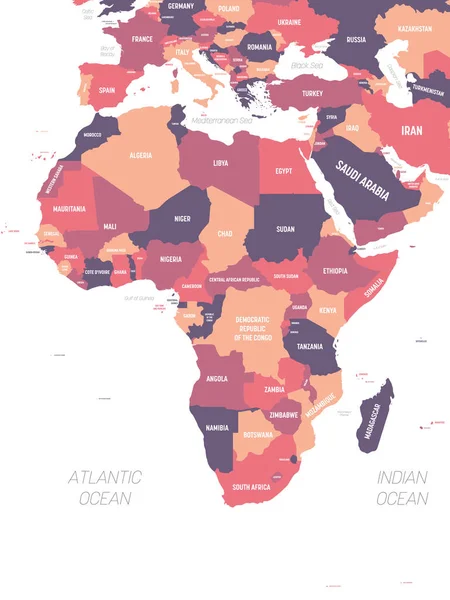 Mapa africano. Mapa político detalhado do continente africano com nomes de países, oceanos e mares rotulados — Vetor de Stock