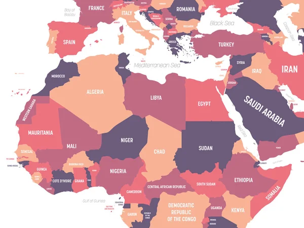Észak-Afrika térképe. Észak-afrikai rgion részletes politikai térképe ország-, óceán- és tengernévvel — Stock Vector